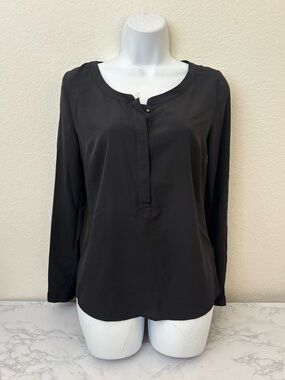 Merona V-Neck Pleated Long Sleeve Top Womens XS Black Gold Button Peasant